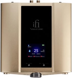 Convertidor de audio iFi Audio iDSD Valkyrie dorado con pantalla central que muestra información digital y botón giratorio en la parte inferior