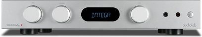 Stereoförstärkare Audiolab 6000A silver med rektangulär frontpanel, 3 runda knappar, central skärm och 4 synliga portar