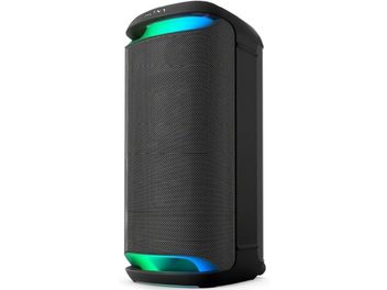 Портативна Bluetooth-колонка Sony SRS-XV500, вид спереду, чорна решітка, закруглені кути, зелені та сині LED-підсвітки