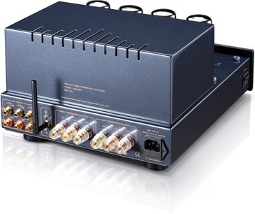 Cayin Jazz 80 EL34 integreret stereo rørforstærker i sølvfarvet metal, rektangulært ventileret kabinet, guldbelagte højttalerterminaler, synlige RCA-stik og antenne, set bagfra i trekvart højre vinkel