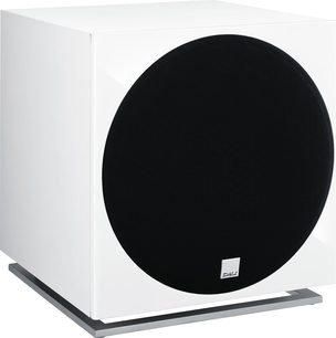 Dali SUB E-12 F hvid subwoofer, set forfra, kubisk form, sort cirkulær højttaler i midten, Dali-logo i bunden