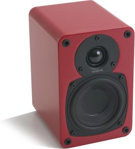 Tangent Evo E5 kompaktā skaļruna sarkana korpusa krāsa ar melnu skaļruni, sānu pogām un melnu priekšējo režģi