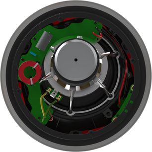 Zabudovatelný reproduktor Bowers & Wilkins CCM7.5 S2, vnitřní pohled, přední strana, reproduktory a elektronické součástky v zelené a červené barvě
