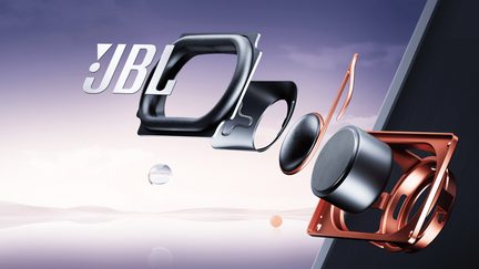 JBL logotips, melnas un vara skaļruņu komponentes, eksplodēts skats, violets un balts gradienta fons