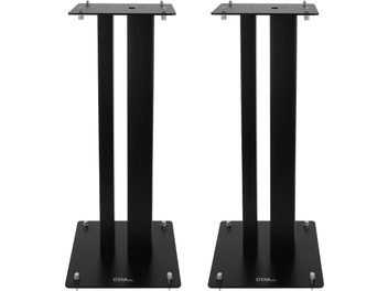 Enova HIFI MAJESTY 60 BL must, kaks ristkülikukujulist kõlarijalga, vaade eest, ruudukujulised ülemised ja alumised plaadid