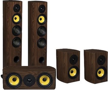 Sada sloupových reproduktorů Davis Acoustics Pack matisse HD ořech, 2 velké a 3 malé, z tmavého dřeva, černé a žluté reproduktory