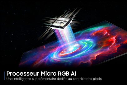 Televizor Samsung TMR65R85H 2026 s tenkou obrazovkou v perspektivě a barevným galaktickým vizuálem na černém pozadí
