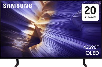 Samsung 42S90F OLED-televisio musta litteä näyttö violetti ja kultainen canyon-kuva ohuet reunat jalustalla