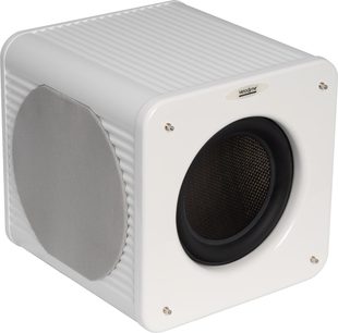 Subwoofer Velodyne MicroVee X branco, vista em três quartos, gabinete nervurado com altifalante preto na frente