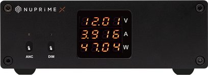 Hi-Fi napájecí zdroj NuPrime SiGa Power75 černý, čelní panel s oranžovým displejem napětí, proudu a výkonu a tlačítky ANC DIM