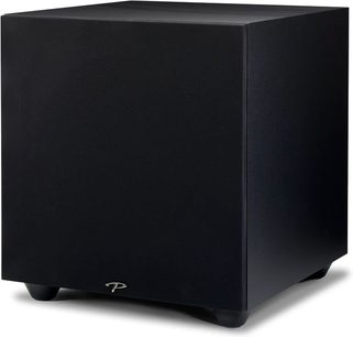 Paradigm Defiance V12 sort satineret subwoofer, kubisk form, sort frontpanel med sølvfarvet logo nederst til højre