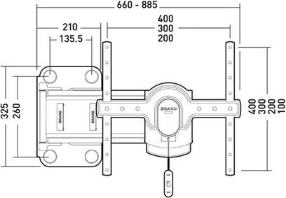 Vægmonteret TV-beslag Erard TWiSTiT 400, teknisk diagram med dimensioner i mm, set forfra og fra siden