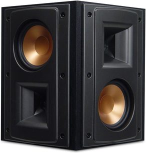 Sort Klipsch RF-52 gulvhøjttaler med to runde, forgyldte højttalere, set forfra i nærbillede