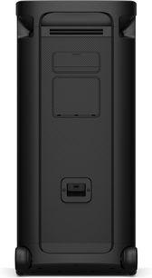 Cassa bluetooth portatile Sony ULT Tower 9 nera, scocca in plastica opaca con griglia posteriore testurizzata, pannello di connessioni sotto uno sportellino, fessura orizzontale in alto e due ruote in basso, vista posteriore