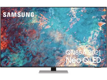 Televizor Samsung QN85A 2021 Neo QLED zobrazující abstraktní obraz s výraznými modrými a červenými barvami