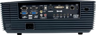 Optoma X501 ProScene-videoprojektor, set forfra, bagpå med tilslutninger som HDMI, VGA, S-Video, lyd og RS-232