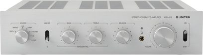 Ampliforsterker Unitra WSH-605, integrert, sølvfarget børstet aluminium, frontvisning, volumknapp, kildevelger, hodetelefonuttak