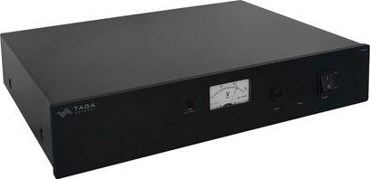 Strømrenser Taga Harmony PF-2000 i sort metalkabinet, trekvart-visning, front med voltmeter og afbryder