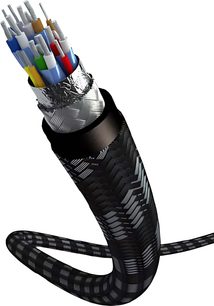 HDMI kabel Real Cable INFINITE II 10 m, černý kroucený, stříbrné konektory, zesílený plášť, 3D pohled zepředu