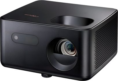 Videoproiettore Optoma Photon Life PH31, custodia in plastica nera, vista 3/4 anteriore destra, lente a destra, griglie laterali