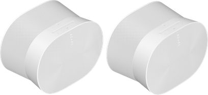 Dvě reproduktory Sonos Era 300 v matné bílé barvě, pohled zepředu a ze strany, zaoblený válcový tvar, akustická mřížka