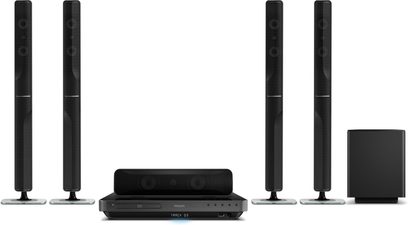 Philips HTS7520 sort hjemmebiografsystem bestående af en Blu-ray-afspiller, 4 højttalertårne, en basrefleksboks og en centerhøjttaler