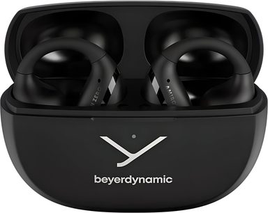 Czarne słuchawki Beyerdynamic Amiron Zero z pierścieniem, w otwartym matowo‑plastikowym etui ładującym, logo z przodu, widok z przodu