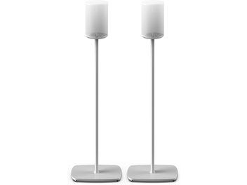 Δύο βάσεις ηχείων Flexson για Sonos Era 100, λευκές, με κυκλική βάση και λεπτό, κομψό μεταλλικό στέλεχος