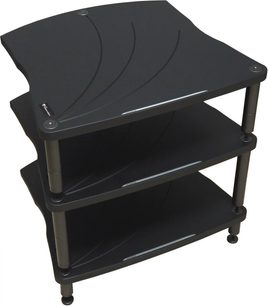 Bassocontinuo Lyra 2.1 sort hi-fi møbel med 3 glashylder, metalstruktur med 4 cylindriske ben, 3/4 frontvisning