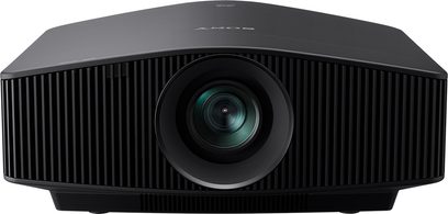 Sony VPL-VW760ES sort videoprojektor, set forfra, afrundet rektangulær form, centralt objektiv, sidegittere til ventilation