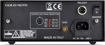 Separate hi-fi power supply Gold Note rear view, voltage selector, PSU out DIN socket, mains input, power switch