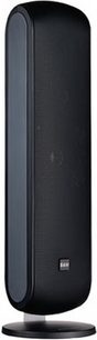 Bowers & Wilkins VM1 søjlehøjttaler i sort, set forfra, afrundet form, sort gitter på det meste af forsiden, blank sort base