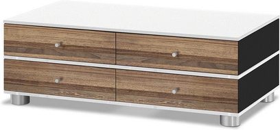 Lavt TV-møbel Spectral CL1051, 4 træskuffer, hvid glasplade, metalben, set forfra på hvid baggrund