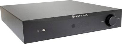 Convertor audio DAC Nuprime DAC-8 negru, vedere frontală, carcasă rectangulară neagră mată, față cu afișaj, buton rotativ și mufă pentru căști