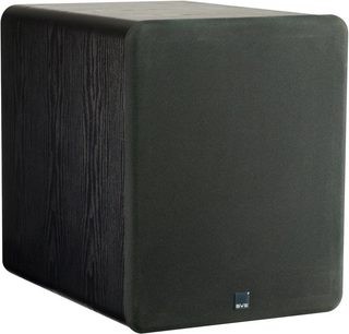 SVS PB-1000 baskabin i sort askebrun, kubisk form, mørk træstruktureret finish, sort frontgitter