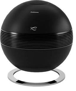 Pack coluna Riga 2 + subwoofer Pearl Sub preto fosco, forma esférica preta com ranhuras horizontais e suporte circular prateado