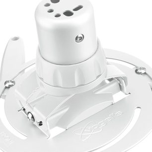 Hvid loftmontering til videoprojektor fra Vogel's PPC 1500W, set nedefra med 6 monteringshuller og synlige skruer
