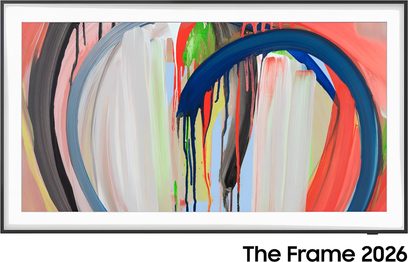 Samsung The Frame TQ55LS03HA-tv med tynd sort ramme, der viser et farverigt abstrakt maleri set forfra