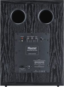 Subwoofer Sub 530A sort, bagside, 2 øvre cirkulære basrefleksporte, centralt kontrolpanel med tilslutninger og knapper