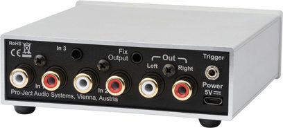 Stereo forforstærker Pro-Ject Pre Box S2 Analogue, bagsidevisning, guldbelagte RCA-stik, lydindgang/-udgang, USB-strømforsyningsport