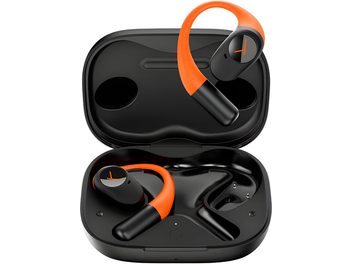 Auricolari ad archetto auricolare Beyerdynamic Amiron 200 sport in plastica nera e arancione, custodia di ricarica aperta, vista frontale