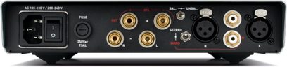 Zesilovač Nuprime AMG STA stříbrný, zadní panel, stereo audio konektory RCA a XLR, vstupy a výstupy, vypínač, pojistka