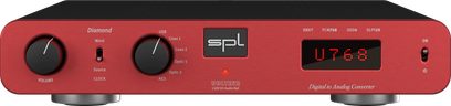 Preamplificator stereo SPL Diamond roșu cu panou frontal roșu, două butoane rotative, ecran digital și comutator basculant