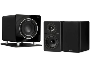 Pacchetto audio Elipson nero lucido con subwoofer e due diffusori compatti vista frontale e di tre quarti