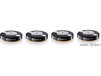 Quattro piedini disaccoppiatori audio Lehmannaudio 3S Point neri, cilindrici, base lucida, disco opaco granuloso
