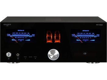 Advance Paris A10 Classic black stereo hi-fi amplifier, front view, blue displays, two illuminated red VU meters, silver knob