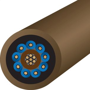 Strømkabel Wireworld Mini Electra 10 Power, tværsnit viser 9 forgyldte ledere omgivet af blå kapper
