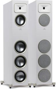MartinLogan Foundation F2 vloerstaande luidsprekers wit, 4 zwarte drivers, zilverkleurige conische voet, vooraanzicht