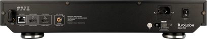 R_volution DIY-X700 multimedia player rear view, black case with LAN, audio/video, coaxial and power ports
