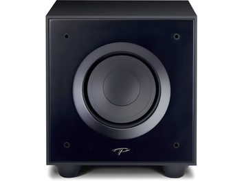 Paradigmin Defiance V8 -subwoofer, musta sateen viimeistely, etunäkymä, kuutiomainen muoto, keskellä pyöreä kaiutin, irrotettava musta ritilä